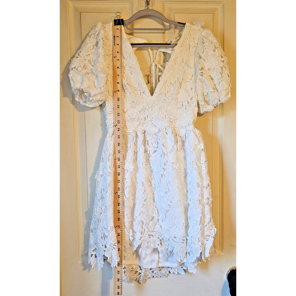 Grace White Lace Mini Dress Size S Puff Sleeve V-Neck Open Back Boho Cottage - Picture 7 of 12